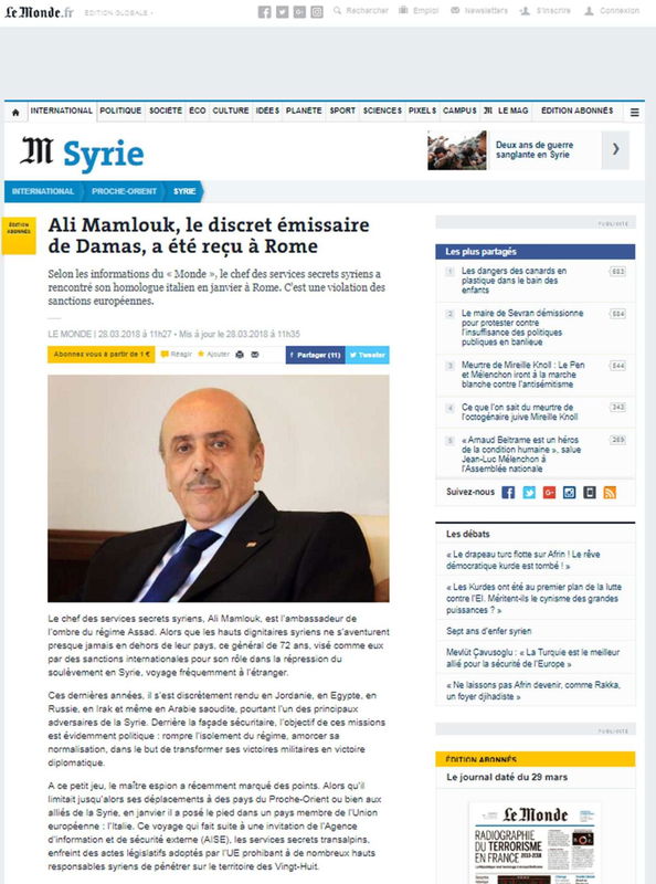 Il capo dei servizi segreti della Siria ha incontrato a gennaio il suo omologo italiano a Roma