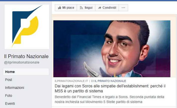 Il Primato Nazionale di CasaPound attacca di nuovo il M5S per inesistenti legami con George Soros