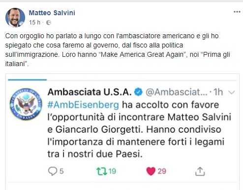 Matteo Salvini e l’ambasciatore Usa Eisenberg divisi da Vladimir Putin