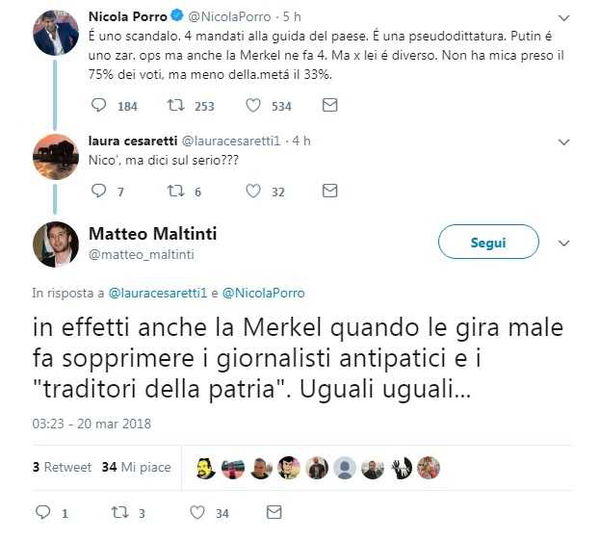 I peggiori tweet dall’Italia sulla vittoria di Putin in Russia