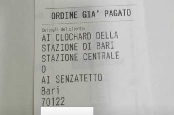 «Una pizza per me e 10 piadine per i clochard»: lo scontrino della solidarietà a Bari