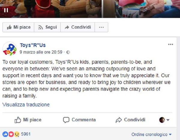 L’amaro messaggio di Toys ‘R’ Us ai suoi clienti: «Grazie per il vostro affetto»