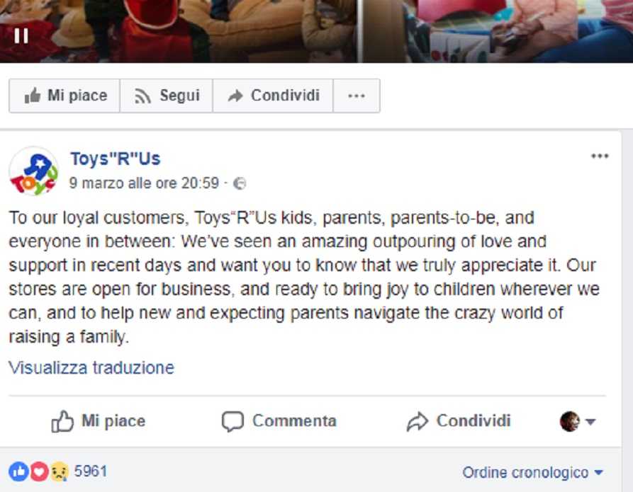 L’amaro messaggio di Toys ‘R’ Us ai suoi clienti: «Grazie per il vostro affetto» article-post