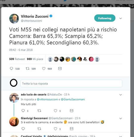 Il tweet di Vittorio Zucconi sul trionfo dei 5 Stelle nei collegi più a rischio camorra article-post