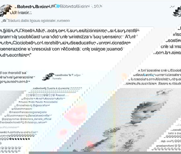 Roberto Burioni commenta il post di Naike Rivelli che ricorda la bambola «che piange quando non ha niente da succhiare»