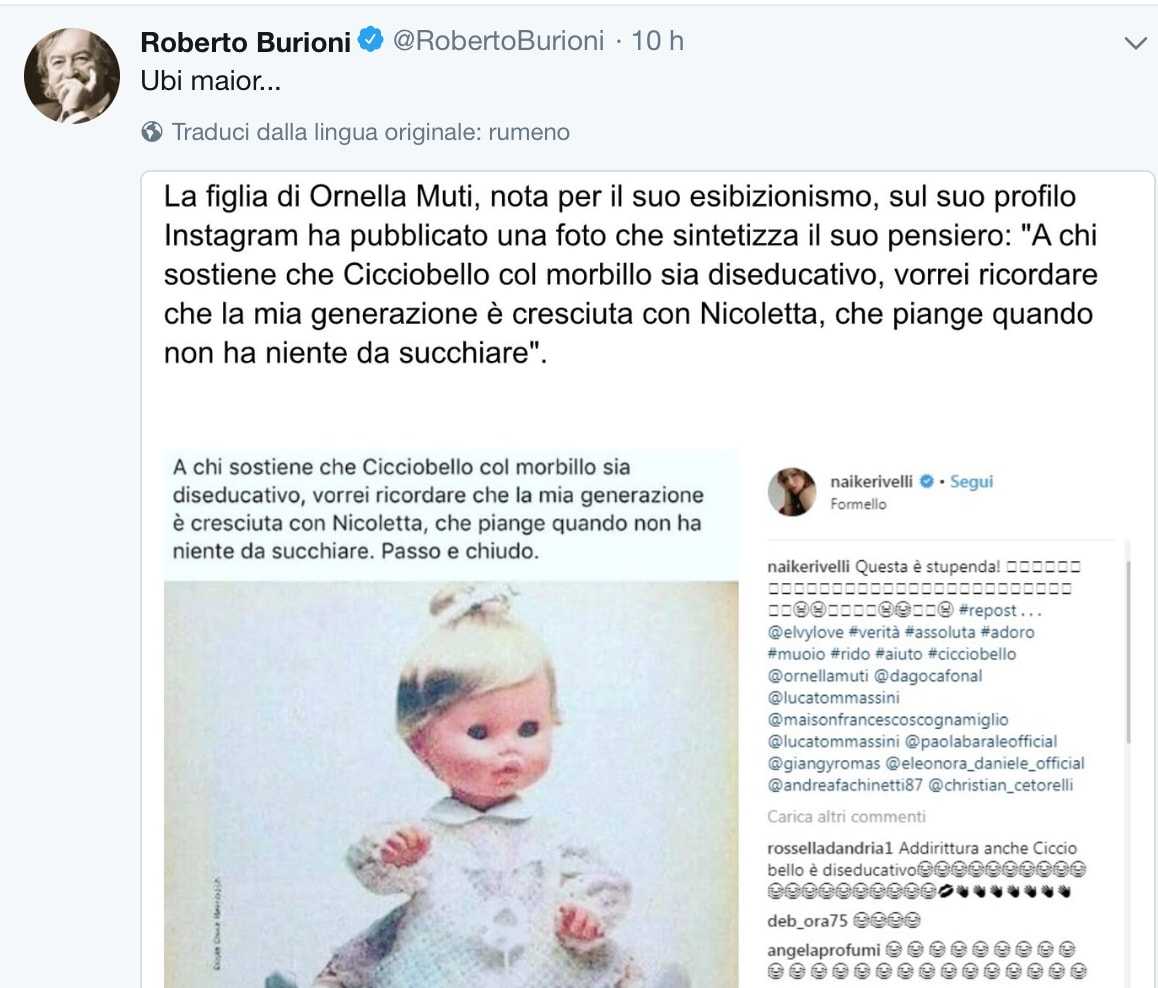 Roberto Burioni commenta il post di Naike Rivelli che ricorda la bambola «che piange quando non ha niente da succhiare» article-post