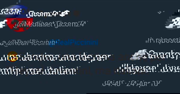 Il TgCom24 risponde a Piccinini con un tweet ironico sull’Heysel, poi le scuse