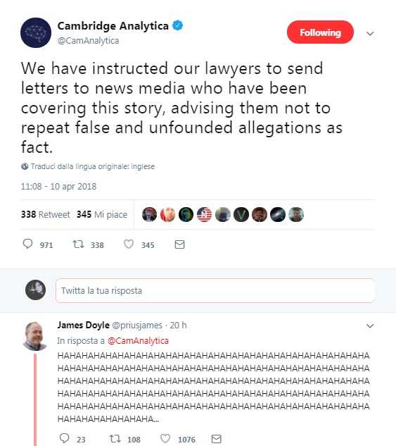 Cambridge Analytica minaccia la stampa e viene deriso da tutto Twitter