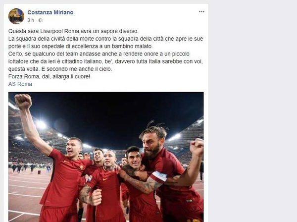 Costanza Miriano chiede alla Roma di battere il Liverpool per Alfie Evans