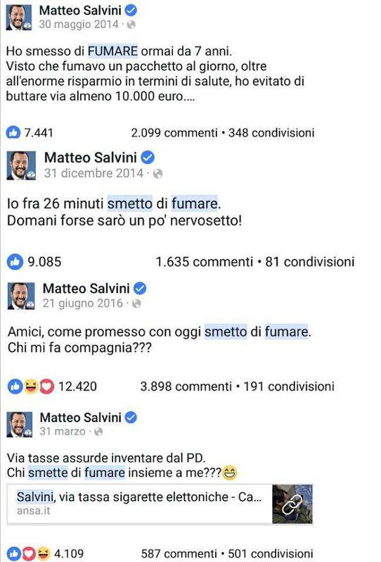 Tutte le volte che Matteo Salvini ha smesso di fumare (inutilmente)