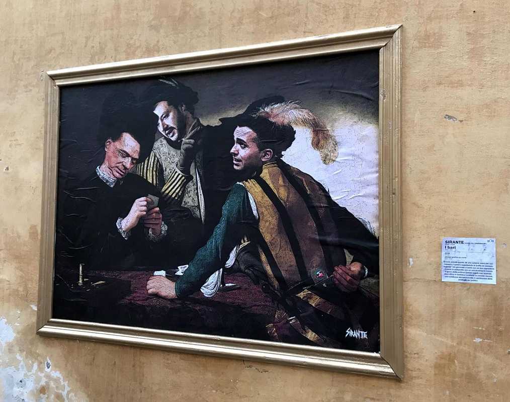 ‘I bari’: in strada a Roma spunta il quadro con Di Maio, Salvini e Berlusconi che giocano a carte article-post