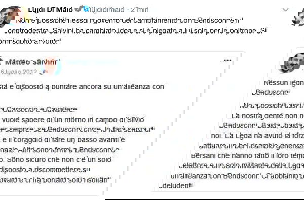Di Maio fa uno screenshot al post di Salvini che nel 2012 non voleva fare il governo con Berlusconi