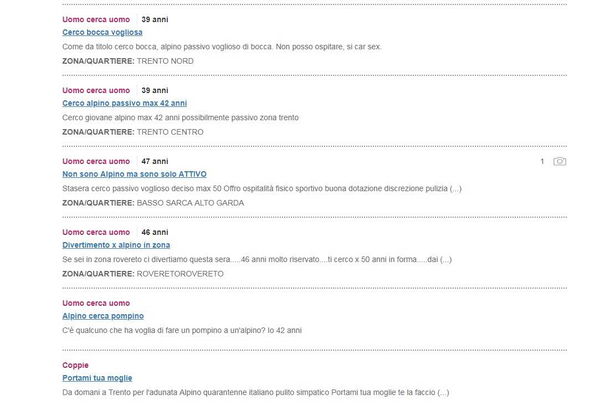 Adunata alpini a Trento: fioccano gli annunci dei sex workers