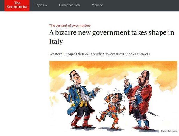 Conte preso in giro da The Economist come Arlecchino servitore di due padroni, Di Maio e Salvini