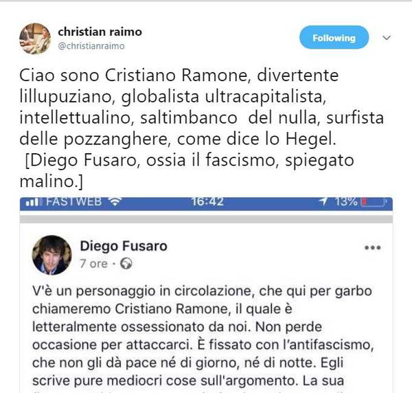 Scontro Raimo-Fusaro. Il filosofo: «Ossessionato da noi»