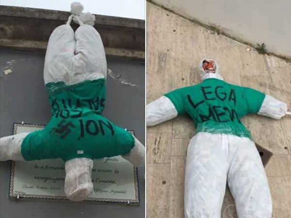 Quarto (Napoli), in piazza appesi a testa in giù fantocci anti-Salvini con la svastica