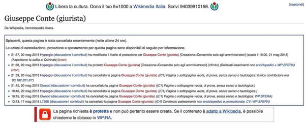 Giuseppe Conte e la scomparsa della pagina Wikipedia