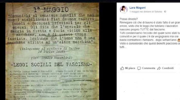 Lara Magoni elogia il fascismo con una bufala su tutte le leggi per i lavoratori fatte da Mussolini