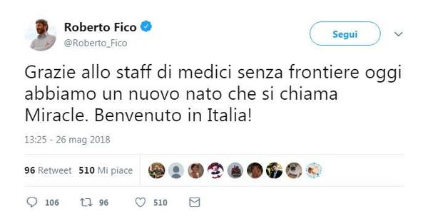 Il tweet di Roberto Fico che celebra le ong