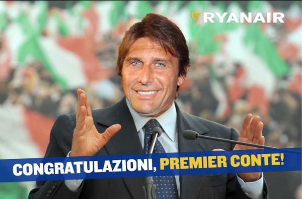 Ryanair fa gli auguri a Giuseppe Conte col volto di Antonio