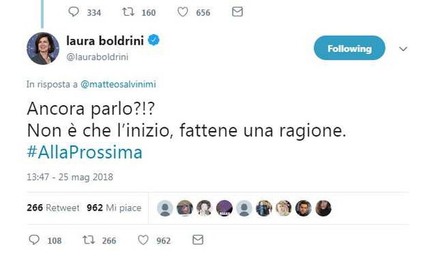Salvini e Boldrini litigano su Twitter: «Ma ancora parla?», «È solo l’inizio, fattene una ragione»
