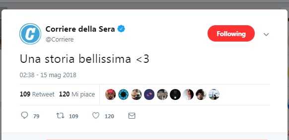 Il meraviglioso tweet del Corriere della Sera «su una storia bellissima <3»