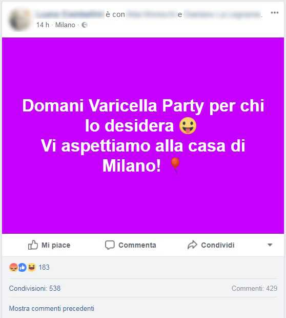 Il post su Facebook che invita mamme e bimbi al «Varicella Party»