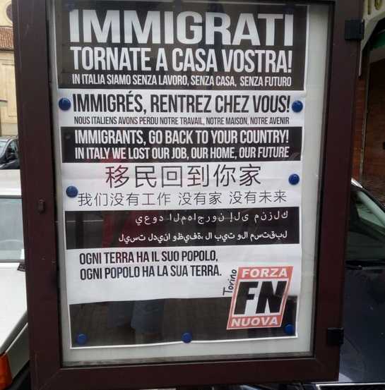 Giaveno: il messaggio no-migranti di Forza Nuova nella bacheche del Comune