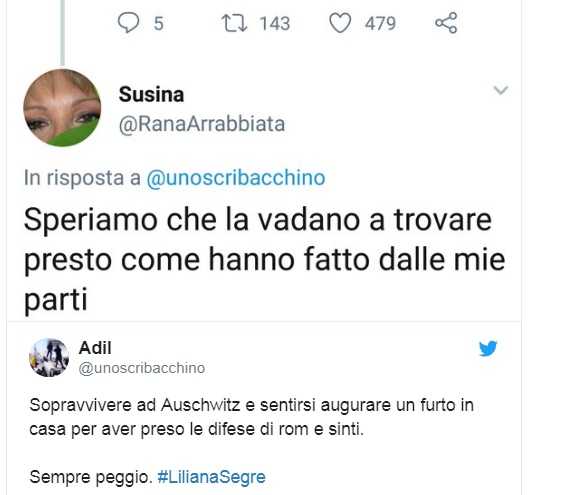 I commenti contro Segre. «Speriamo che ti vengano a trovare gli zingari» | VIDEO