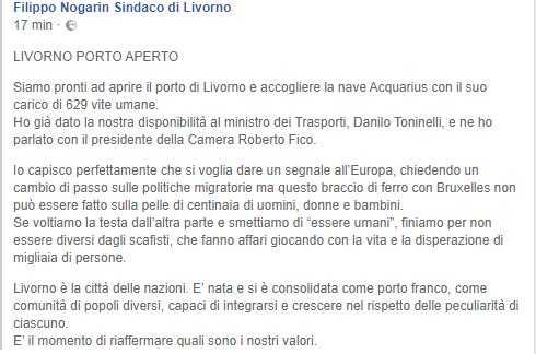 Aquarius, che fine ha fatto il post del M5S Nogarin in cui dichiarava Livorno disponibile all’accoglienza?