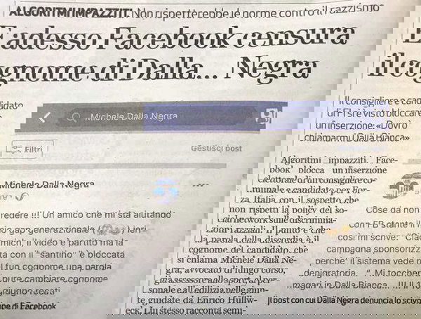 Il candidato di Forza Italia si chiama Dalla Negra, Facebook lo blocca