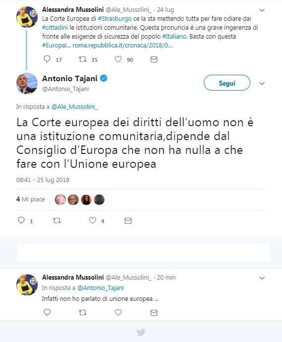 Antonio Tajani insegna ad Alessandra Mussolini il diritto europeo