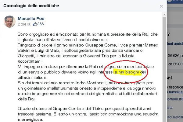 C’è una ‘H’ in più, il presidente Rai Foa si presenta con un errore su Facebook