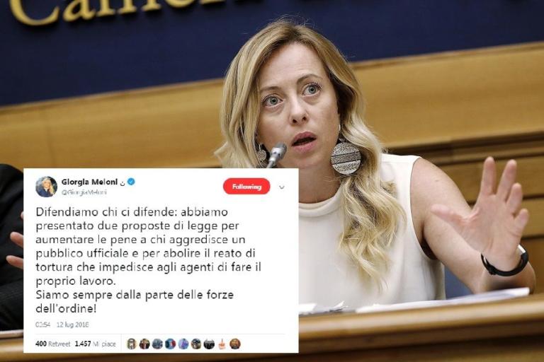 Giorgia Meloni e il reato di tortura da abolire così la polizia può fare il suo lavoro