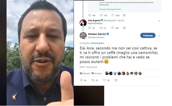 Salvini replica ad Asia Argento: «Mi racconti i problemi che hai e vedo se posso aiutarti»