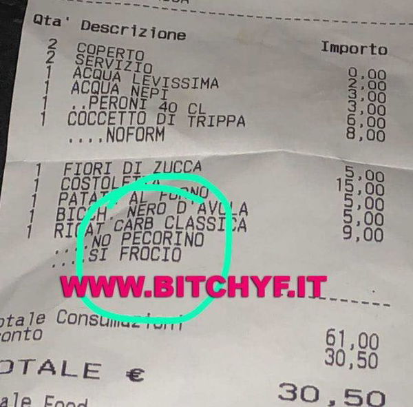 «Carbonara classica, no pecorino, sì fr*cio»: lo scontrino omofobo a Roma