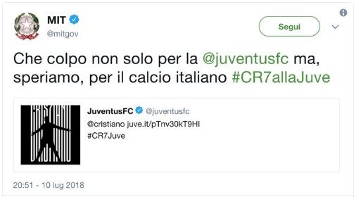 Il Ministero dei Trasporti twitta su Cristiano Ronaldo: «Che colpo». E poi chiede scusa