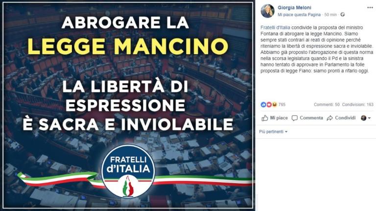 Abolizione legge Mancino, la proposta di Mancino trova l’appoggio (scontato) di Salvini e Meloni