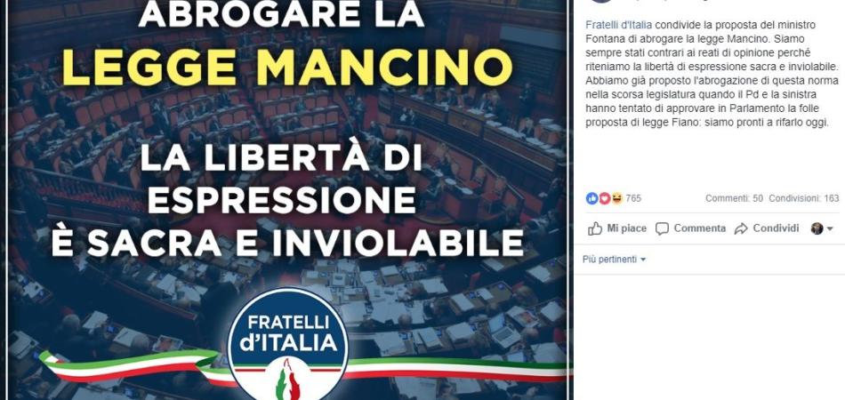 Abolizione legge Mancino, il post di Giorgia Meloni su Facebook