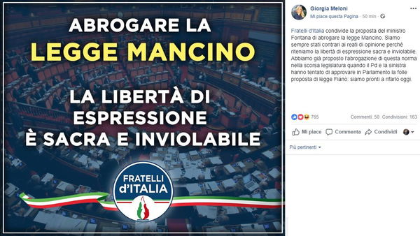 Abolizione legge Mancino, la proposta di Fontana trova l’appoggio (scontato) di Salvini e Meloni