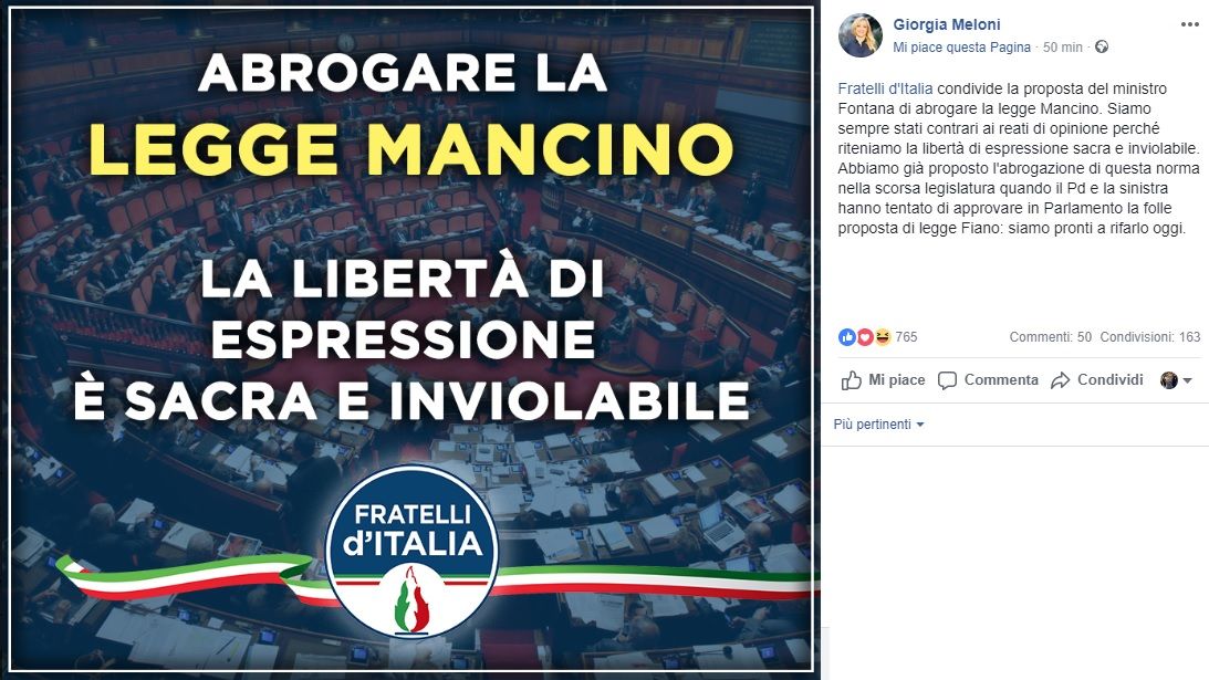 Abolizione legge Mancino, la proposta di Fontana trova l’appoggio (scontato) di Salvini e Meloni article-post