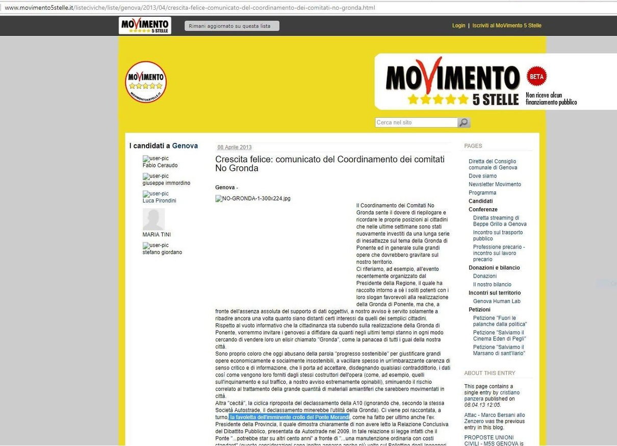 Quando il M5S (insieme al comitato No Gronda) non credeva «alla favoletta del crollo del Ponte Morandi» article-post