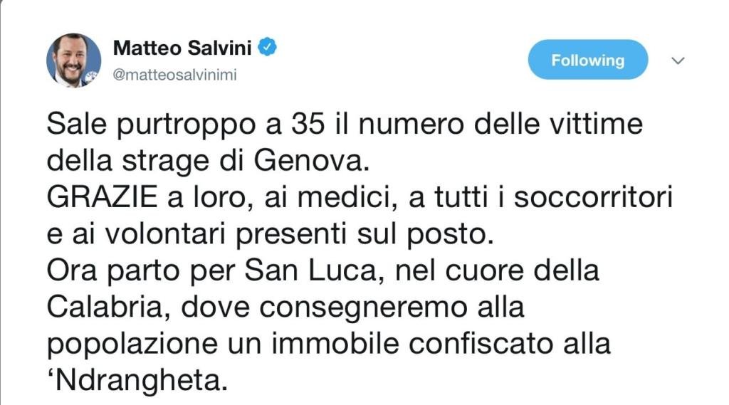 Salvini ringrazia vittime