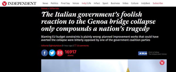 Le reazioni della stampa internazionale sul crollo del Ponte Morandi e la schizofrenia della politica italiana