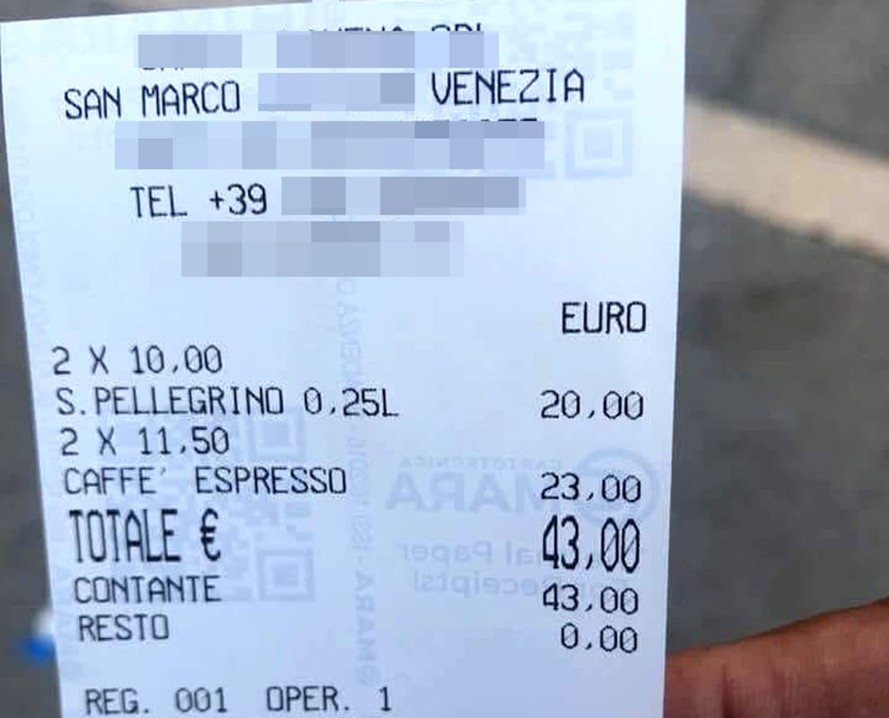 Venezia, lo strano conto da 43 euro per acqua e caffè article-post