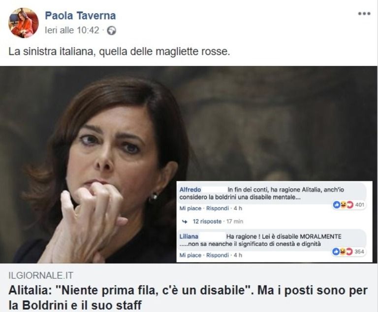 Gli ignobili commenti alla bufala sul volo di Laura Boldrini: «Per me la Boldrini è disabile mentale» article-post