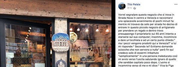 Attacco omofobo a Venezia: «Niente finocchi nel mio negozio», la denuncia su Facebook