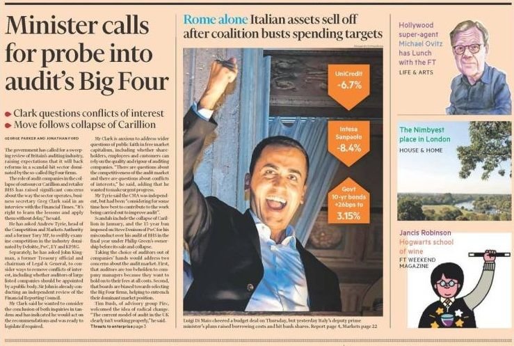 «Roma è isolata», dice il FT con la foto di Di Maio che esulta in prima pagina