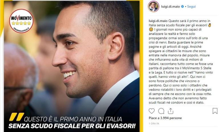La trollata di Di Maio: prima firma il condono e poi scrive «primo anno senza scudo fiscale»