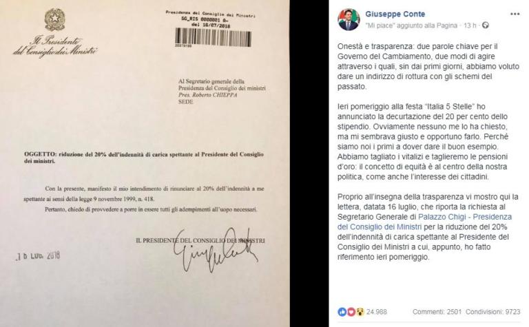 «Conte guadagna quanto Renzi». E il premier pubblica la richiesta di riduzione dello stipendio